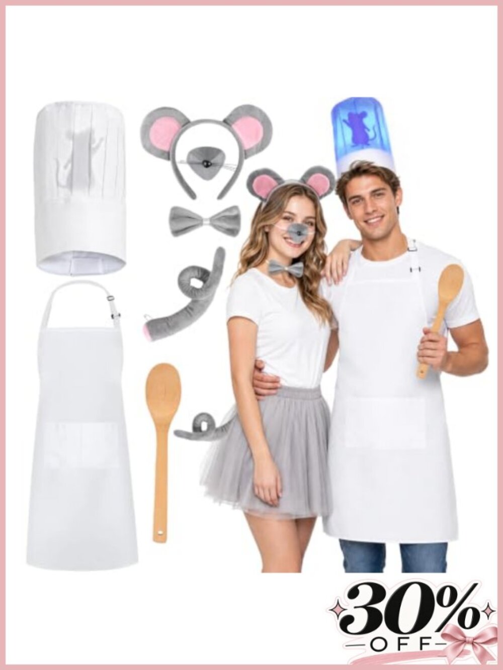 Mouse Chef Couple Costume Set Adult Halloween Dress-Up Kit Light-Up Hat